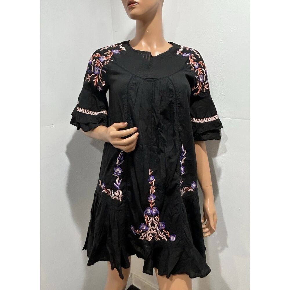 Free People Dress Womens S/XS Black Floral Embroidered Flowy Boho Cottagecore